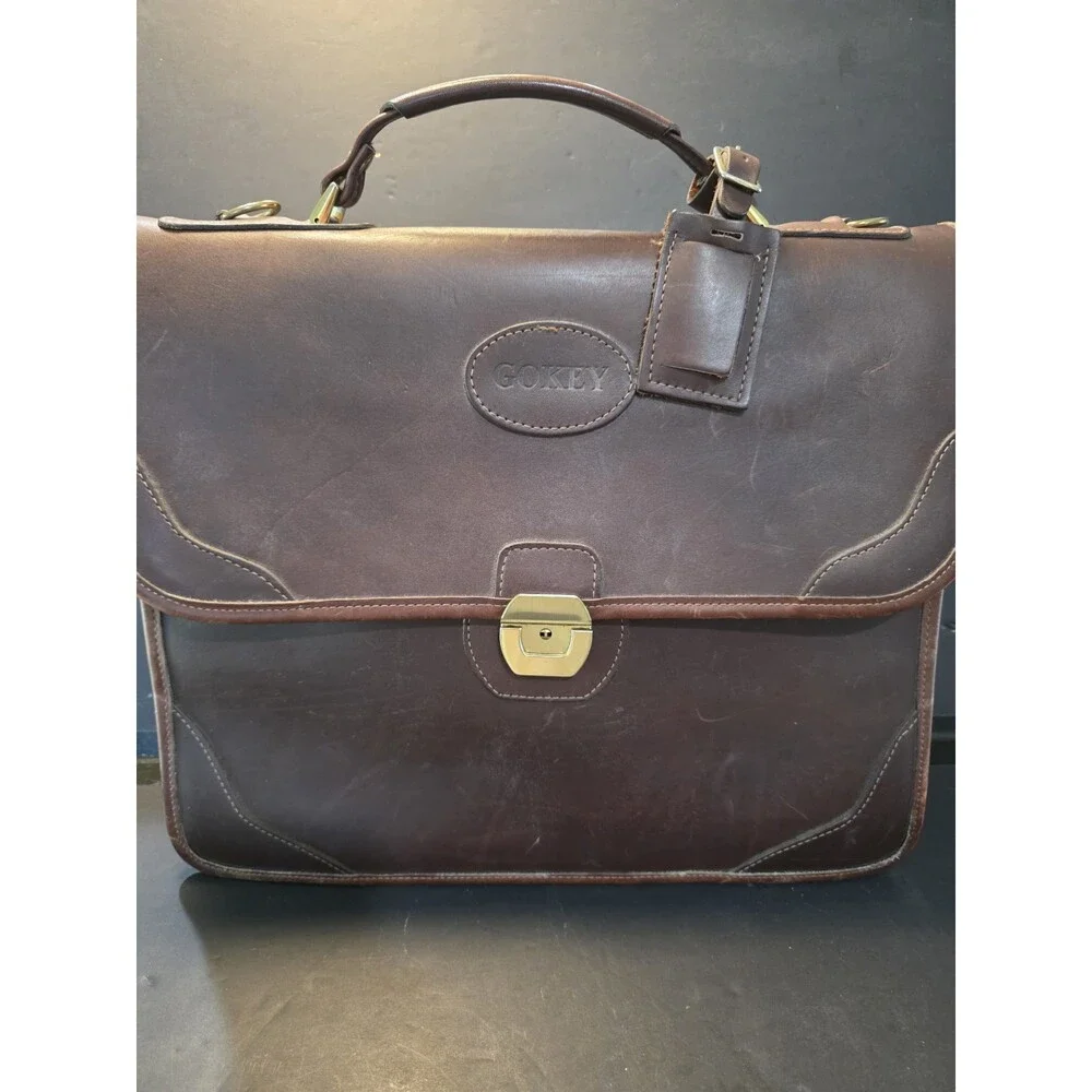 Vintage Gokey USA Brown Leather Flapover Briefcase Messenger Bag Luggage Tag